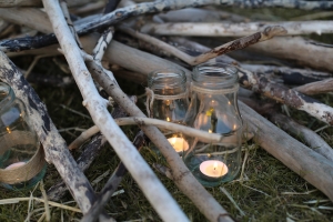 glass bottles/distressed silver tea light holders