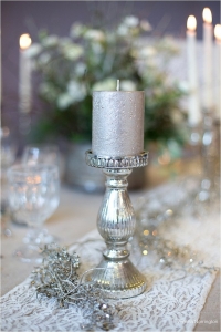 silver candle holder & lace runner